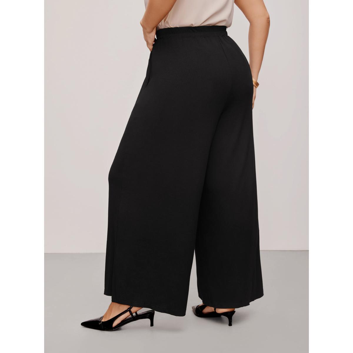 Plus Size Supersoft Essentials Button Detail Wide Leg Pants Women Black Elegant Wide Leg High Rise Everyday Pants BloomChic 10/M Product Image