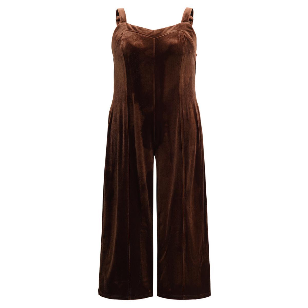 Plus Size Chocolate Plain Velvet Spaghetti Strap Pocket Jumpsuit Women Casual Sleeveless Spaghetti Strap Dailywear Loose Jumpsuits BloomChic 10/M Product Image