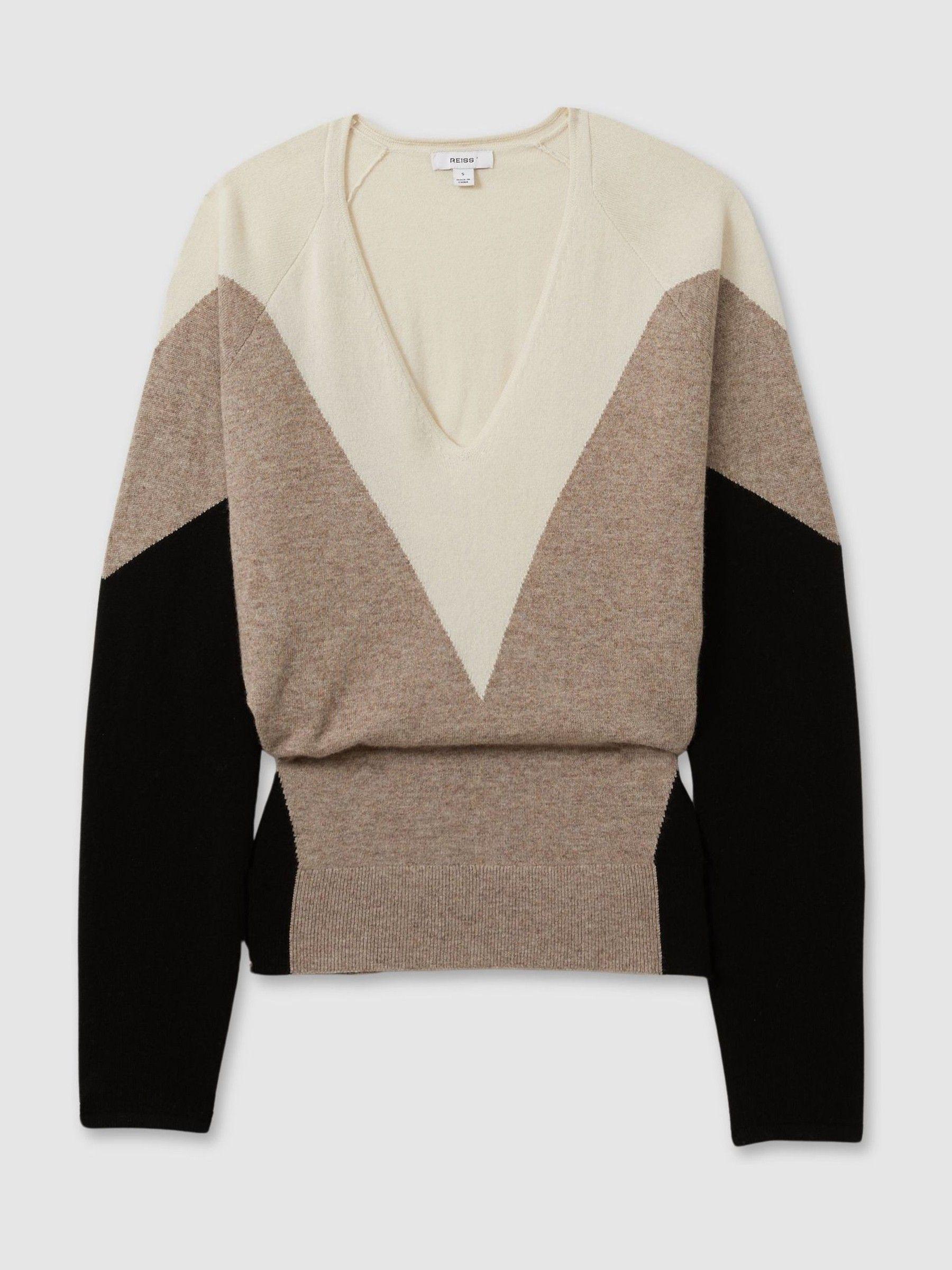 Wool Blend Colourblock V-Neck Jumper in Neutral/Black Product Image