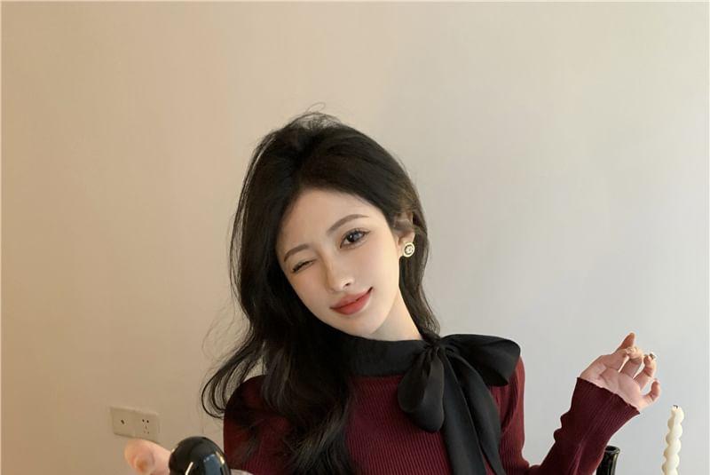 Long-Sleeve Stand Collar Contrast Trim Bow Slim Fit Top Product Image