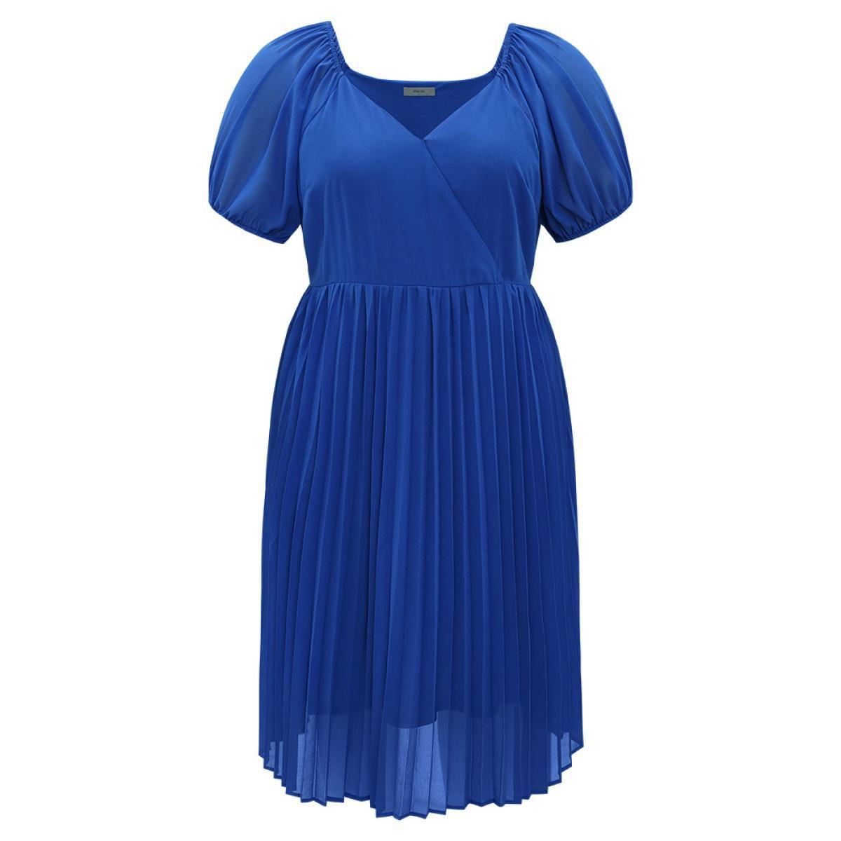 Plus Size Plain Pleated V Neck Elastic Cuffs Puff Sleeve Dress Blue Women Elegant Elastic cuffs V-neck Short sleeve Curvy Midi Dress BloomChic 12/L Product Image