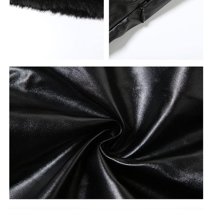 Strapless Plain Fluffy Trim Faux Leather Mini Sheath Dress Product Image