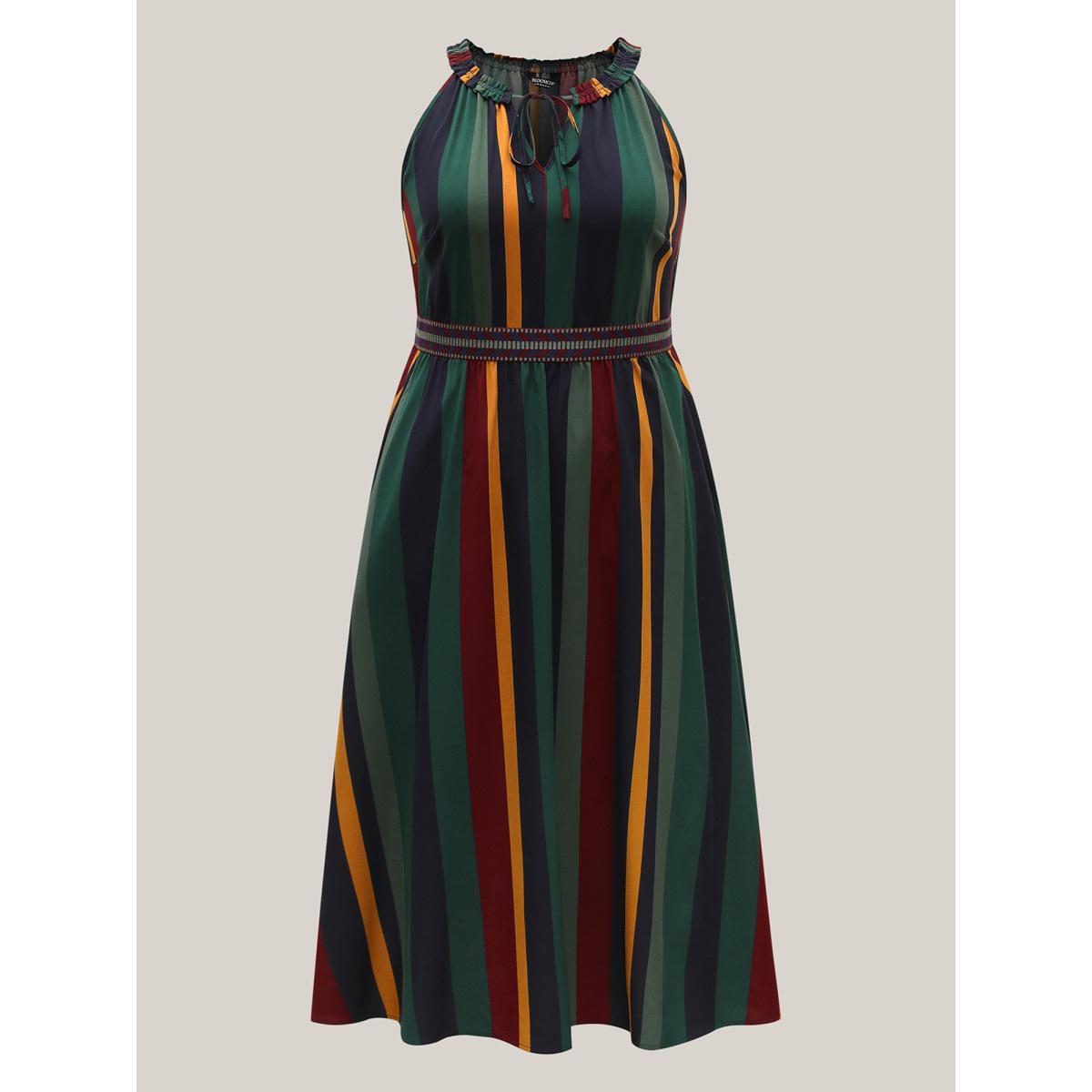 Plus Size Multi-Color Stripes Waist-Defining Midi Dress Multicolor Women Tie knot V-neck Sleeveless Curvy BloomChic 10/M Product Image