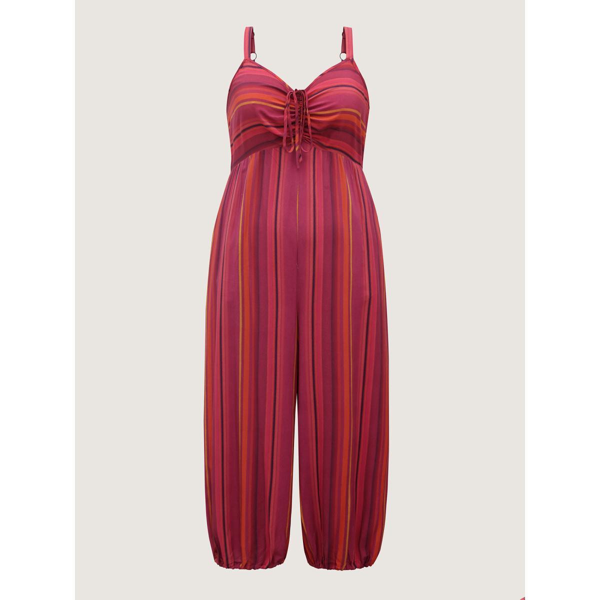 Plus Size Russet Rayon Stripe Print Stretchy Hem Cami Jumpsuit Women Sleeveless V-neck Vacation Loose Jumpsuits BloomChic 10/M Product Image