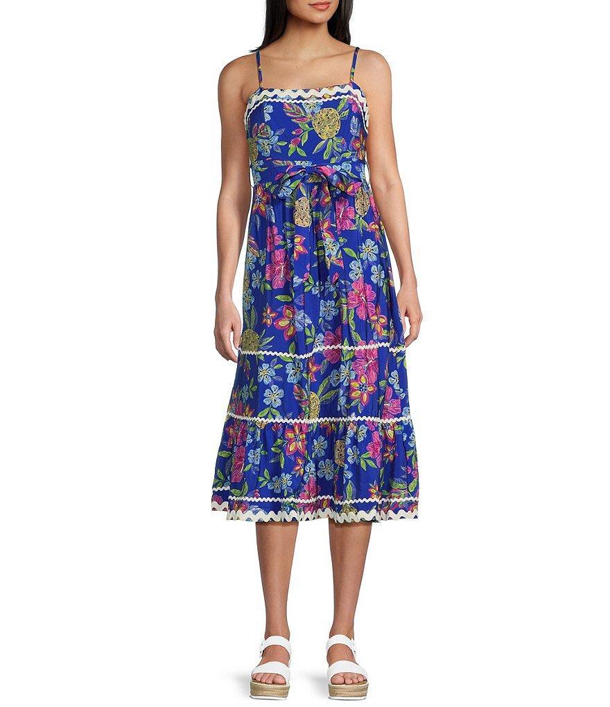 TCEC Floral Print Ric Rac Trim Square Neck Spaghetti Strap Midi Dress Product Image