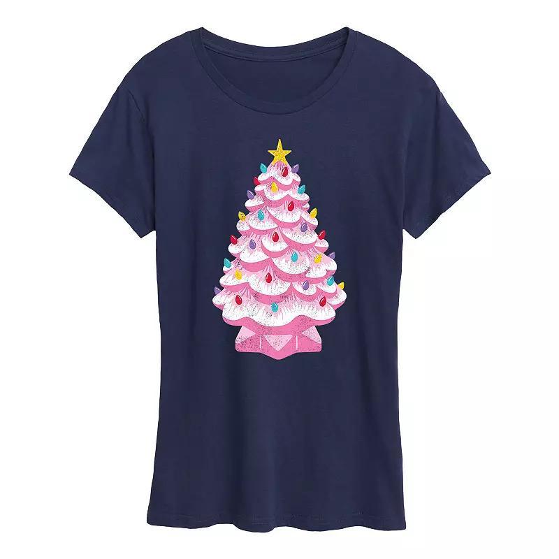 Women's Retro Pink Ceramic Christmas Tree Graphic Tee, Girl's, Size: Large, Gray Product Image