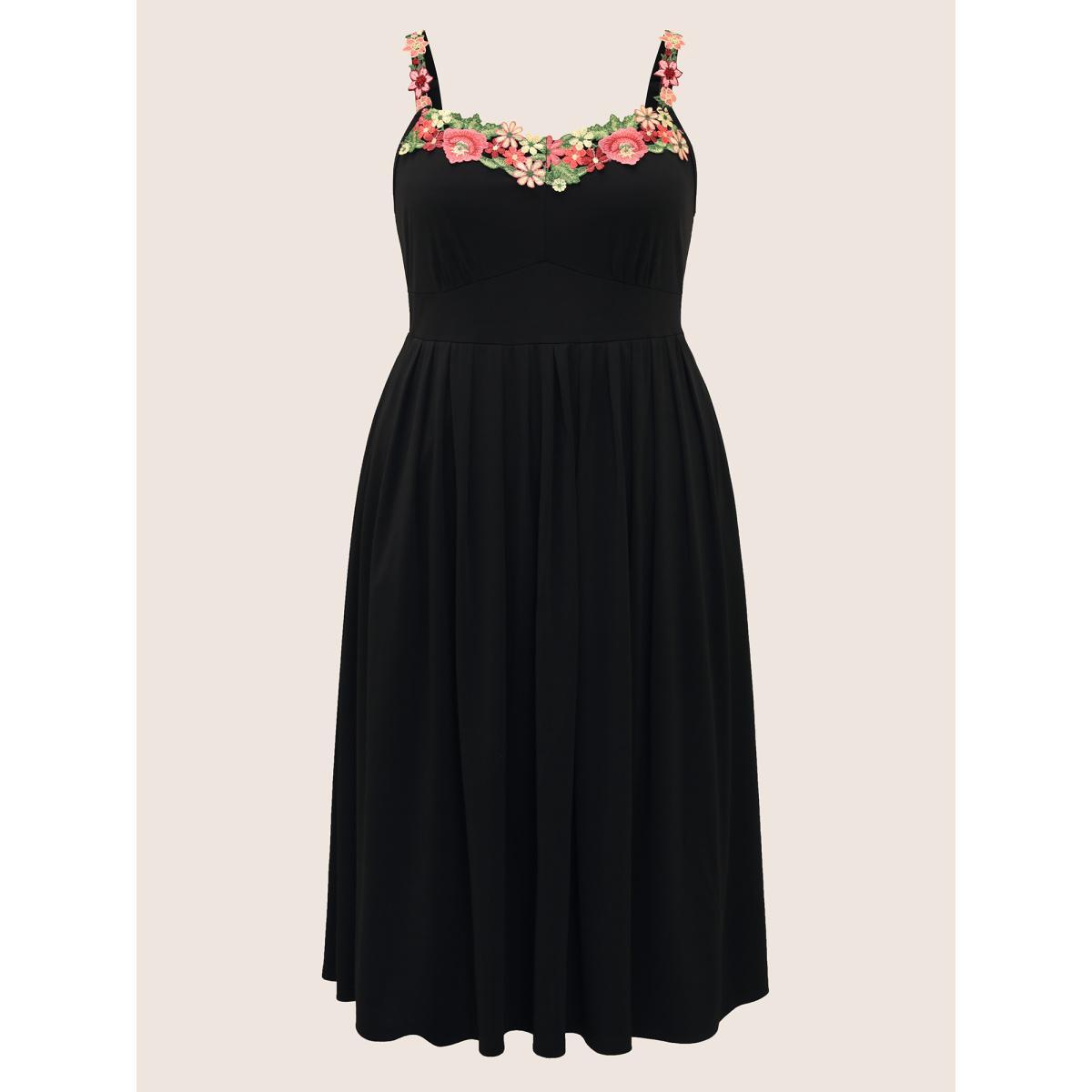 Plus Size Floral Embroidered Pocket Midi Cami Dress Black Women Elegant Embroidered Heart neckline Sleeveless Curvy BloomChic 14-16/1X Product Image
