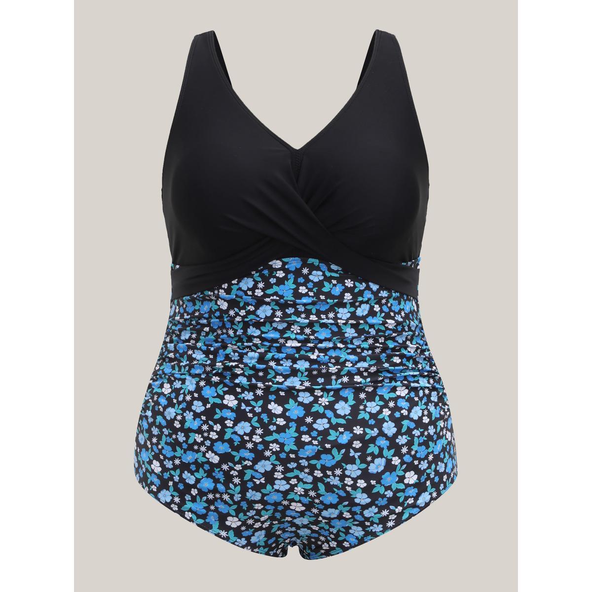 Plus Size Floral Twist Contrast One-Piece Swimsuit Women's Swimwear Black Beach Twist Curve Bathing Suits High stretch One Pieces BloomChic 14-16/1X Product Image