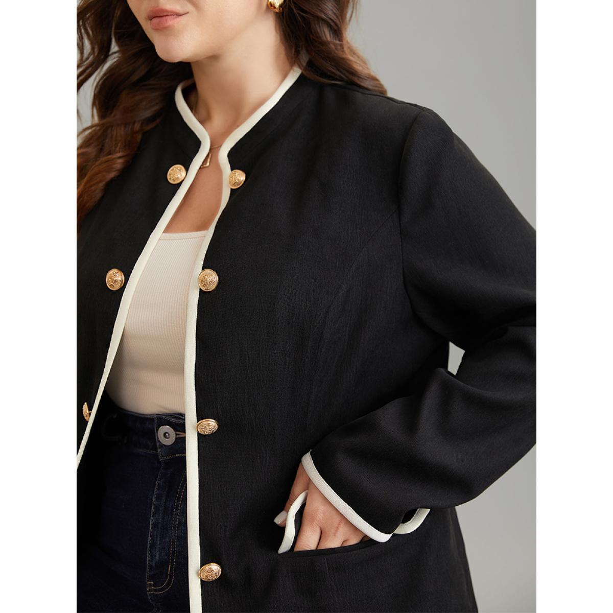 Plus Size Corduroy Metal Detail Contrast Trim Flap Pocket Blazer Women Black Office Lined Ladies Work Winter Coats BloomChic 18-20/2X Product Image