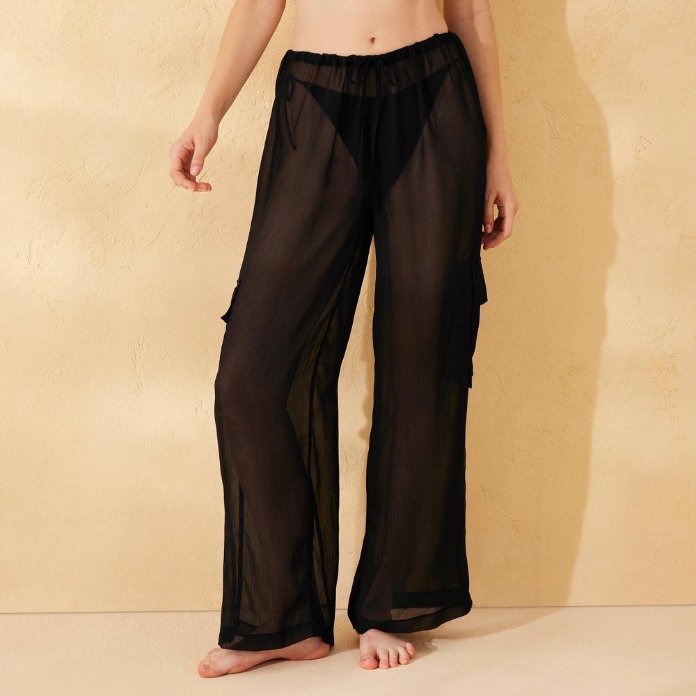 Women's Chiffon Swim Cover Up Cargo Pants - Wild Fable™ Black L: Low Rise, Sheer, Drawstring Product Image