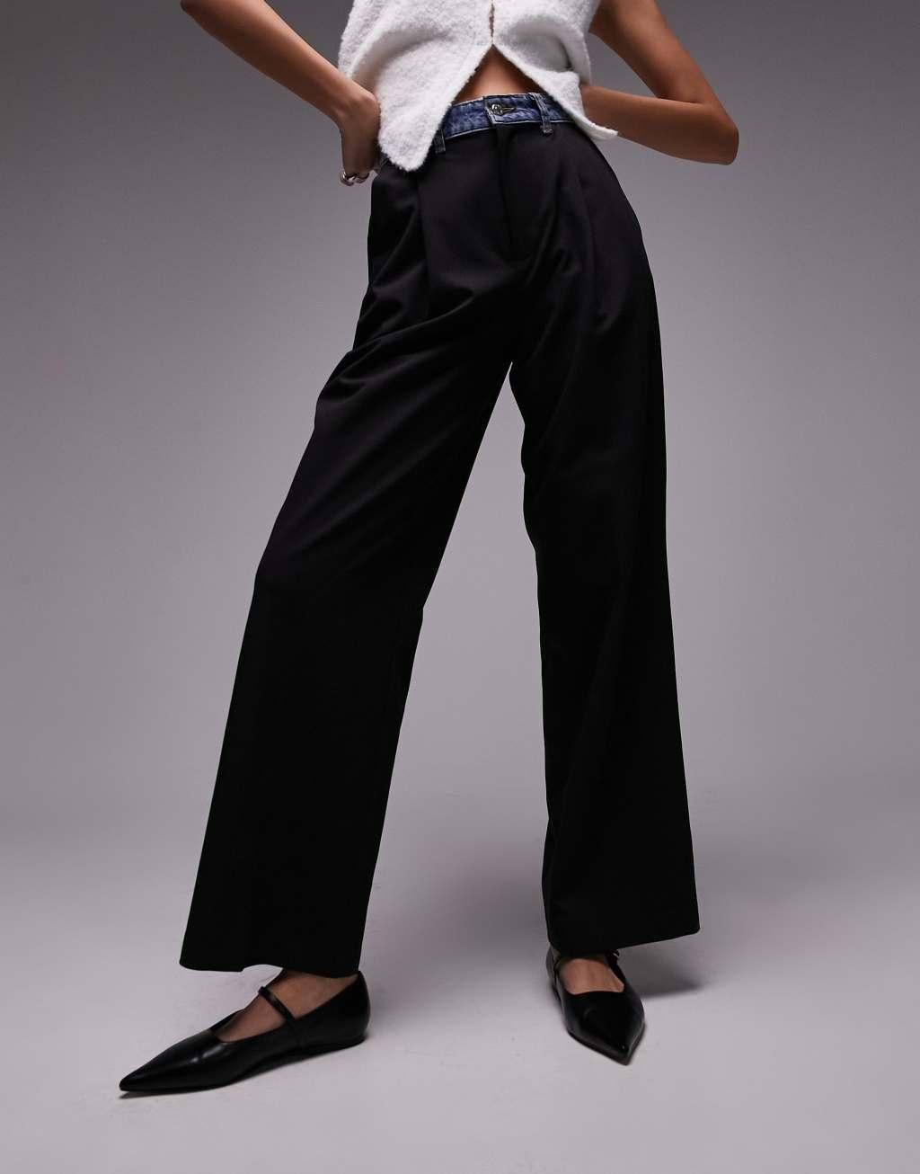 Topshop contrast denim waistband straight leg pants in black Product Image