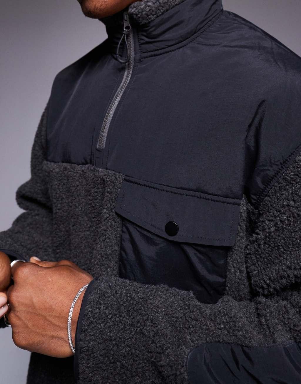 ASOS DESIGN oversized borg half zip sweatshirt with contrast nylon detail in black Product Image