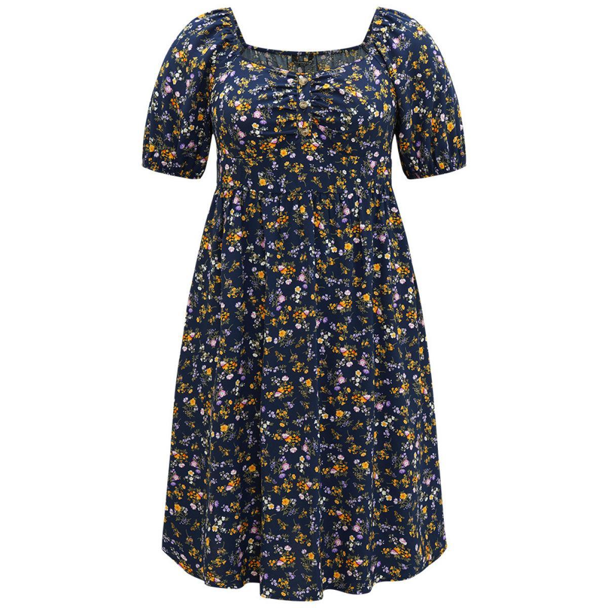 Plus Size Ditsy Floral Ruched Square Neck Puff Sleeve Dress Navy Women Office Elastic cuffs Square Neck Short sleeve Curvy Midi Dress BloomChic 22-24/3X Product Image