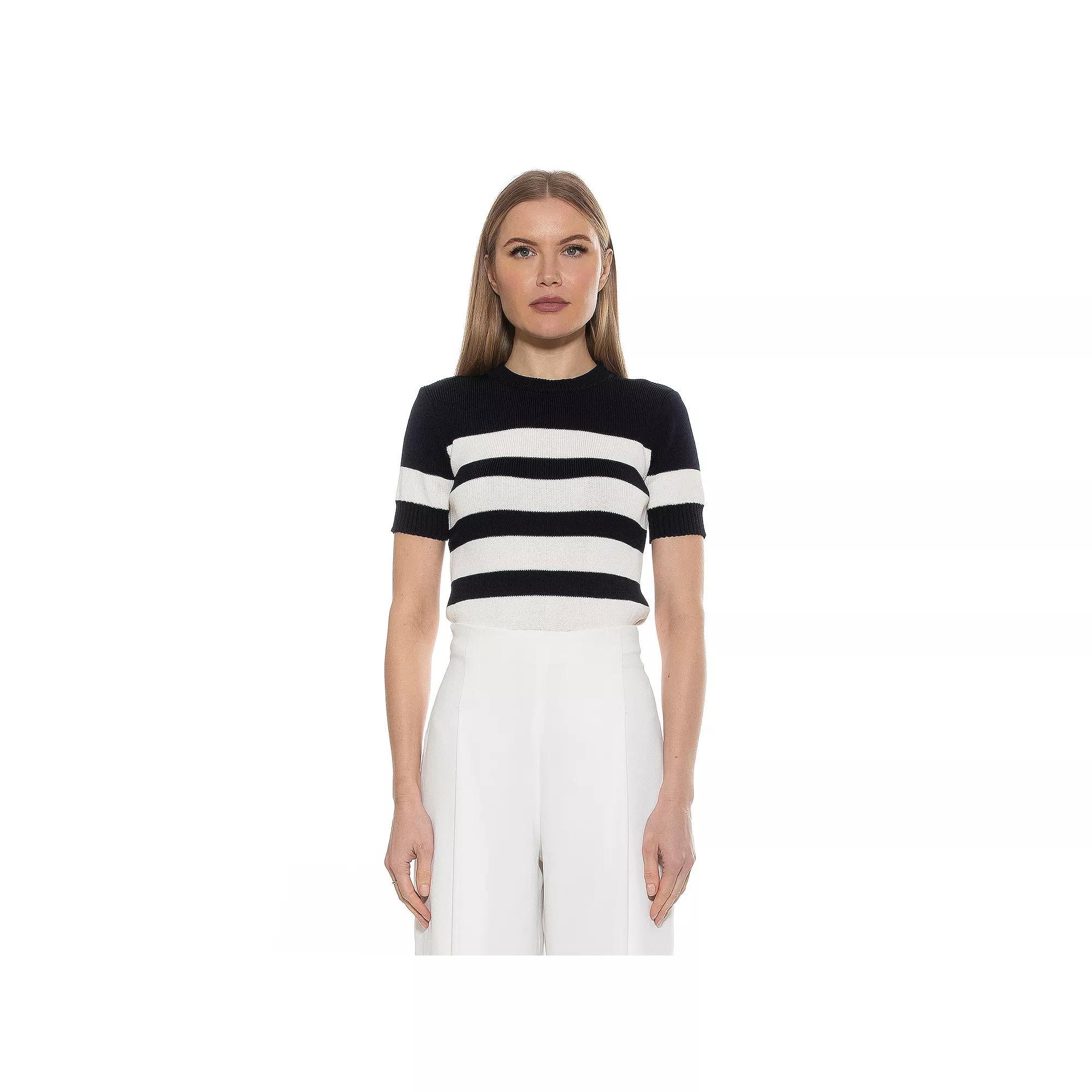 Women's ALEXIA ADMOR Pat Classic Knit Stripped Top, Size: Large, Black Ivory Product Image