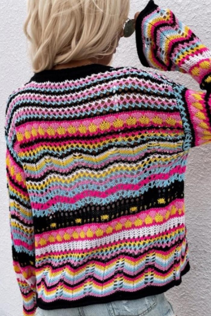 Striped Knit Cardigan Neck Flared Sleeve Button Sweater Product Image