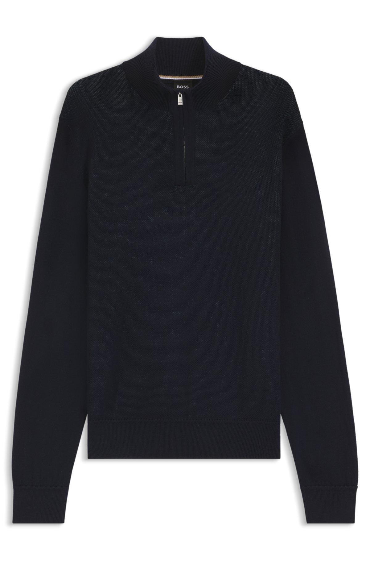 BOSS - Zip-neck sweater with structured wool-cotton front - Dark Blue Product Image