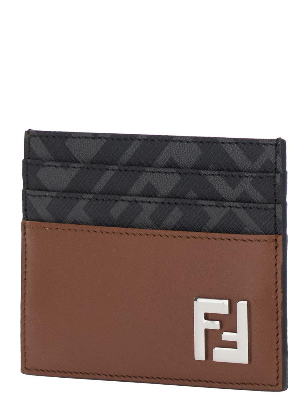 FENDI Leather And Ff Canvas Squared Card Holder In Brown Product Image