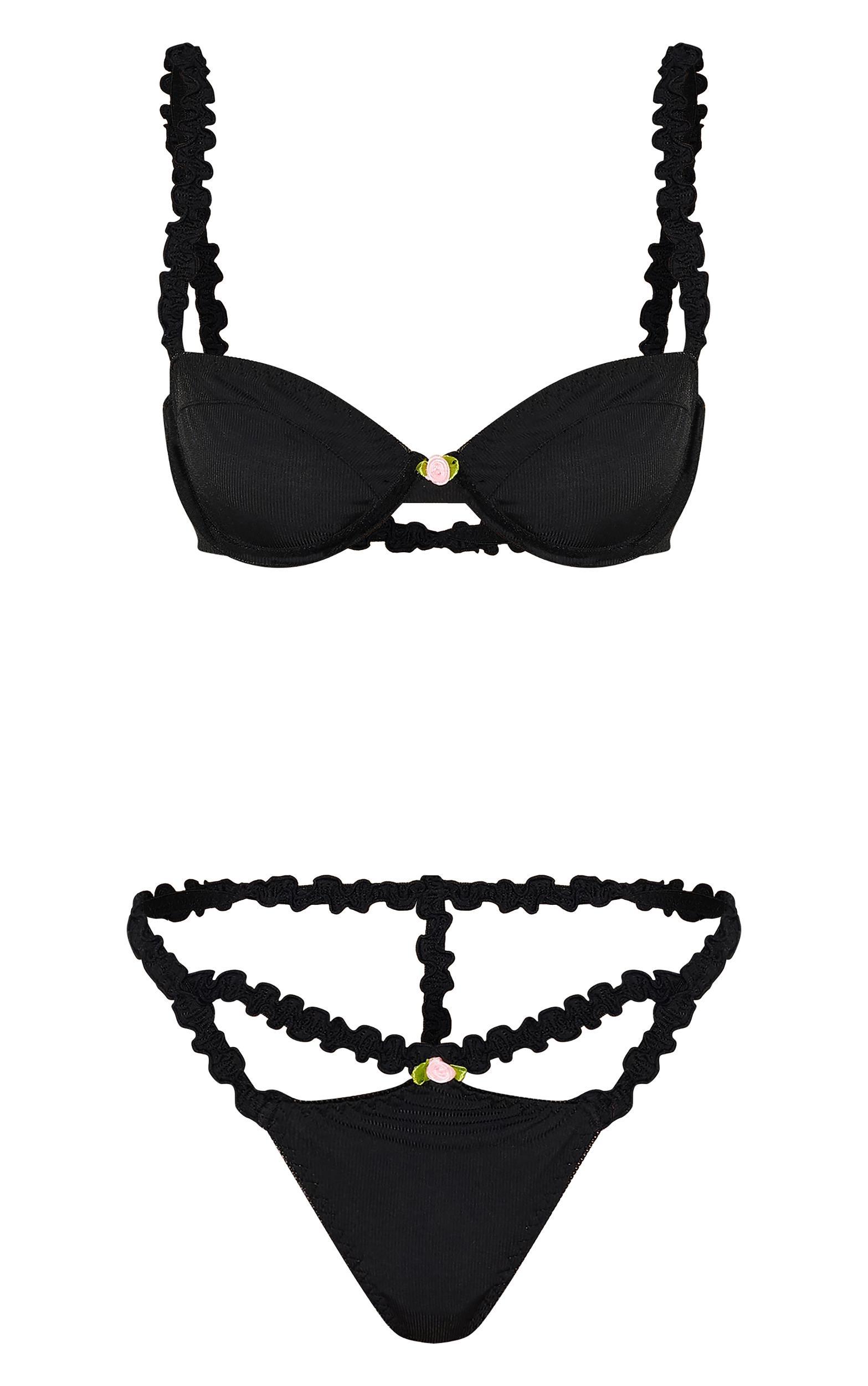 Black Ribbed Frill Underwired Lingerie Set Product Image