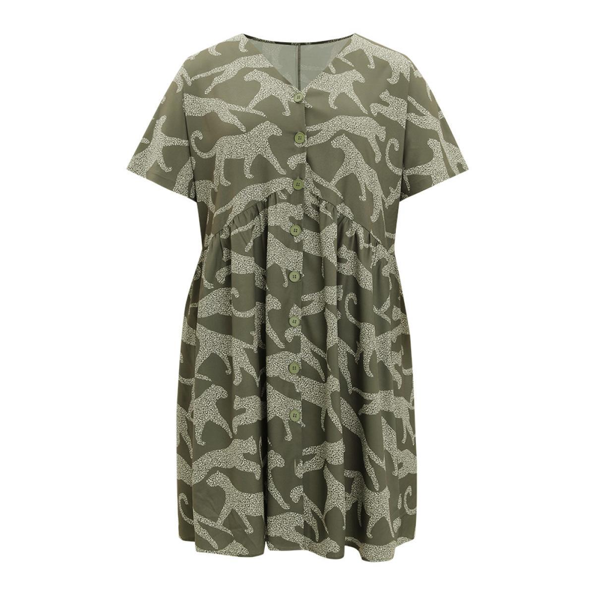Plus Size Animal Print Batwing Sleeve Flutter Pocket Button Up Dress ArmyGreen Women Vacation Button V-neck Short sleeve Curvy Knee Dress BloomChic 30/6X Product Image