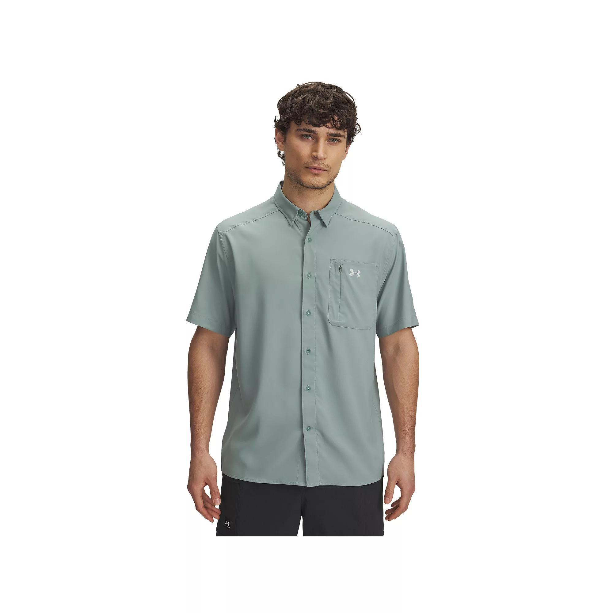 Men's Under Armour UPF 30 Drift Tide 2.0 Fitted Performance Short Sleeve Button-Down Shirt, Size: Medium, Silica Green Product Image