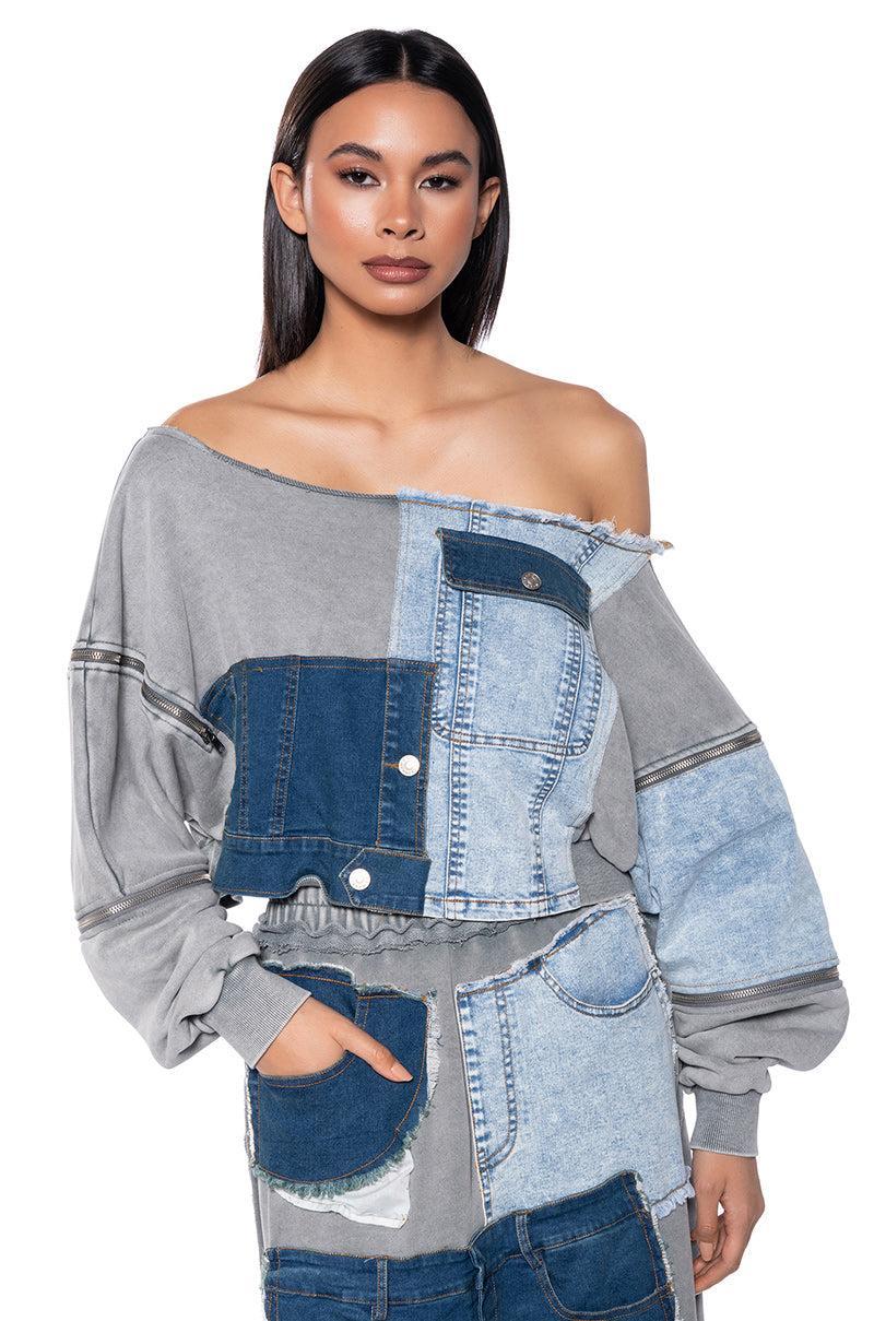 DENIM DREAMS ZIPPER DETAIL SWEATSHIRT Product Image