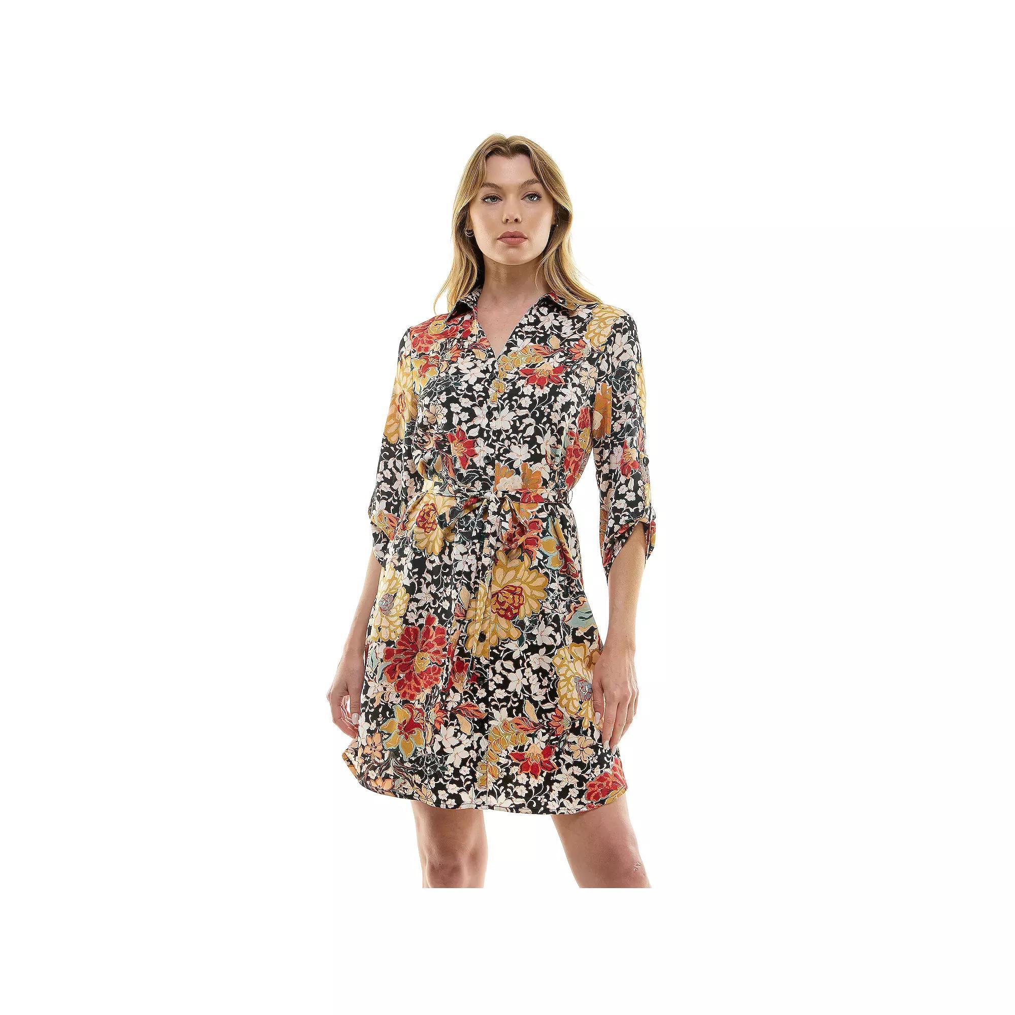 Women's Luxology Johnny Collar Satin Button Front Dress, Size: Large, Black Red Cream Product Image