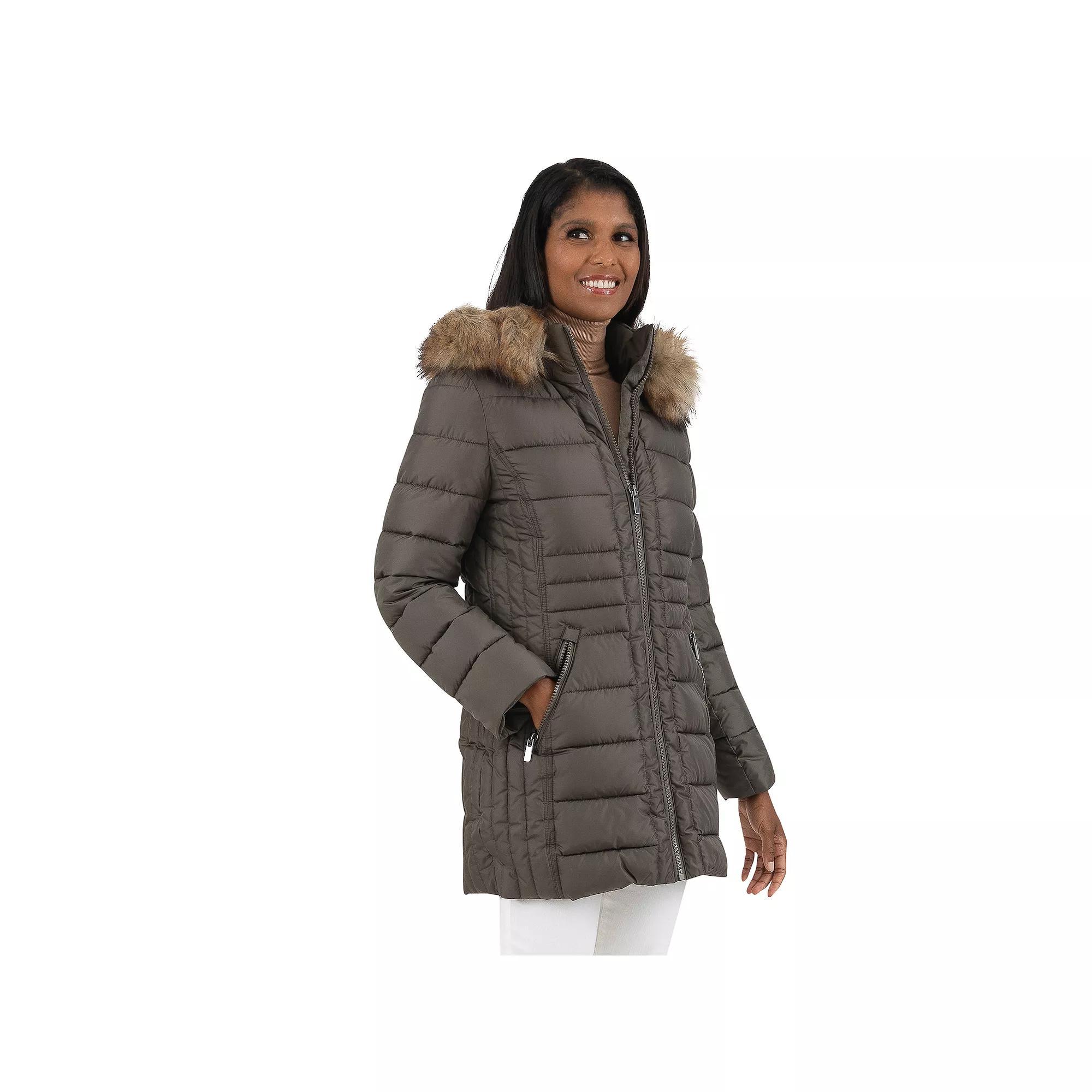Women's Fleet Street Faux Fur Trimmed Hooded Puffer Coat, Size: Large, Green Product Image