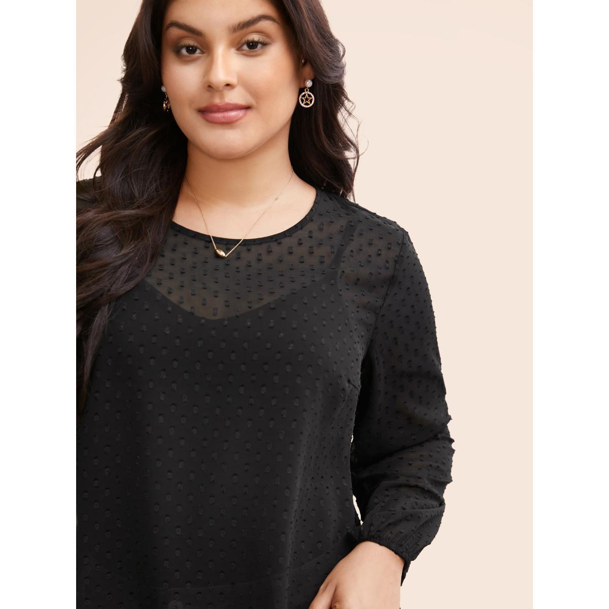 Plus Size Black Appliques Mesh Round Neck Lantern Sleeve Blouse Women Elegant Long Sleeve Round Neck Everyday Blouses BloomChic 30/6X Product Image