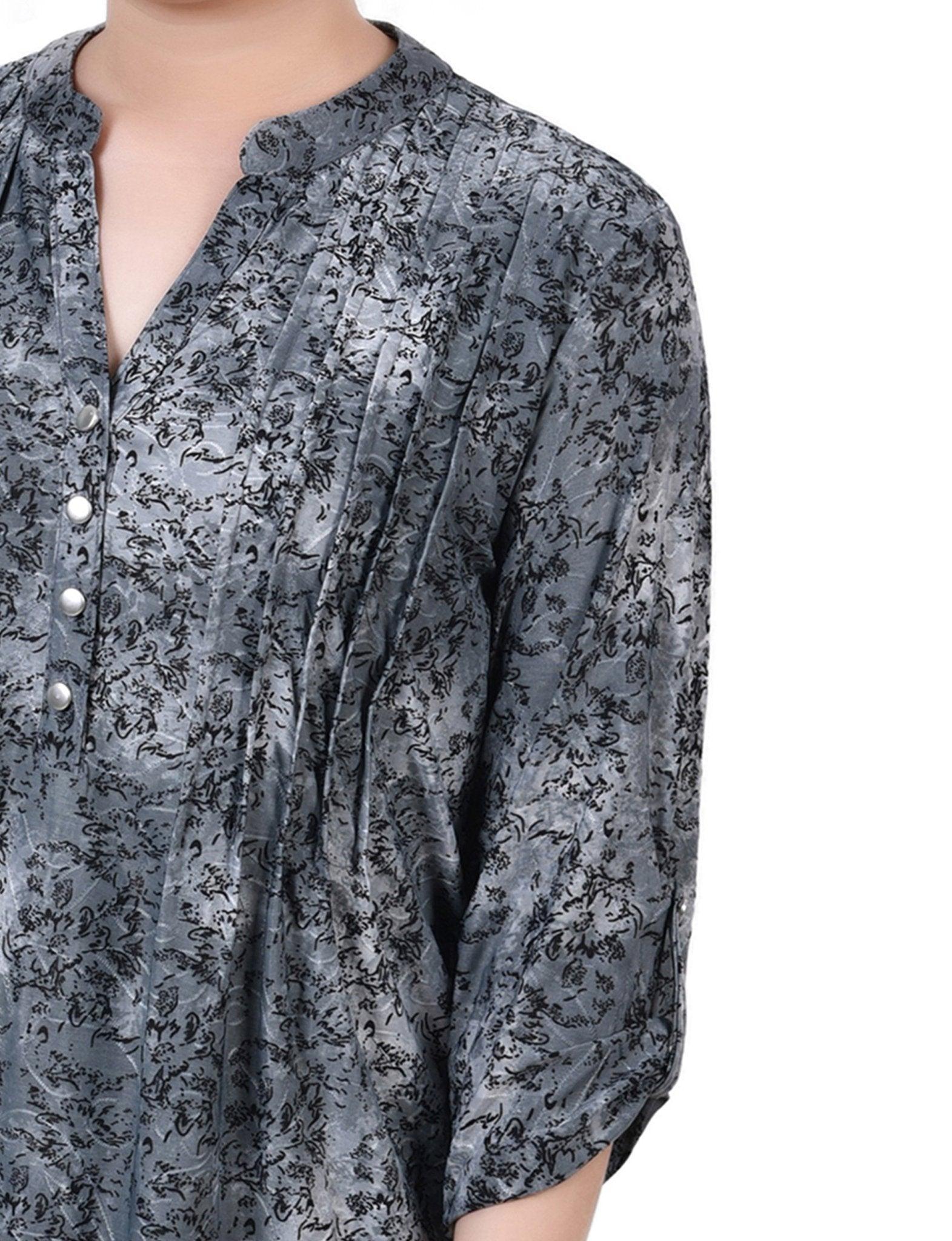 Grey Floral 3/4 Sleeve Roll Tab Y Neck Top - Petite Product Image