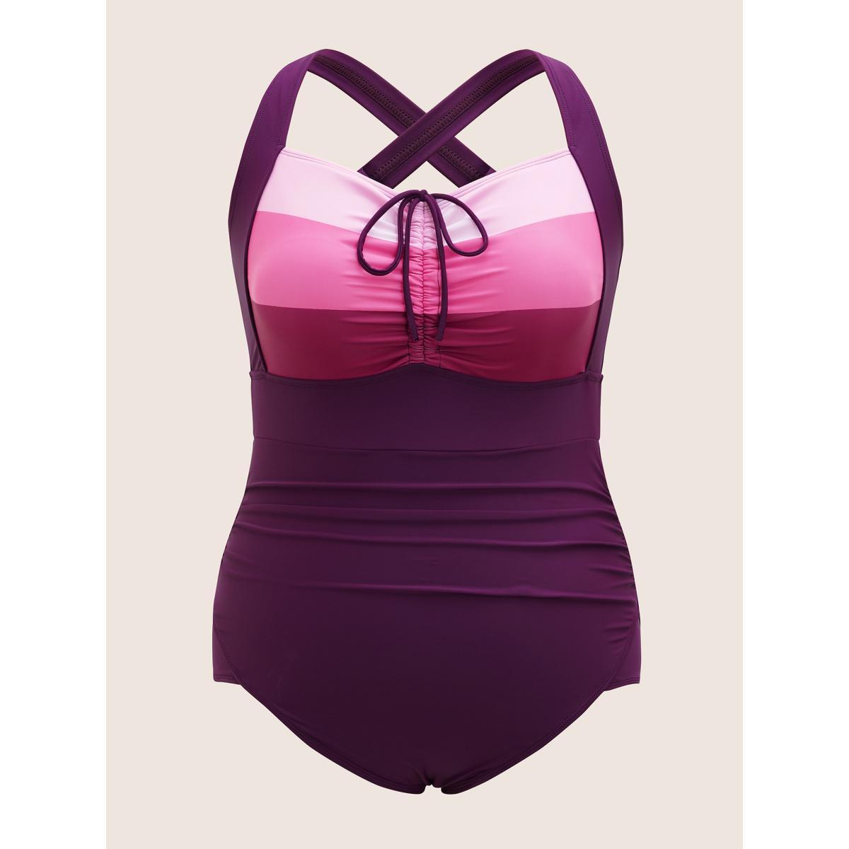 Plus Size Colorblock Contrast Heart Neckline Drawstring One Piece Swimsuit Women's Swimwear Eggplant Beach Gathered Curve Bathing Suits High stretch One Pieces BloomChic 30/6X Product Image