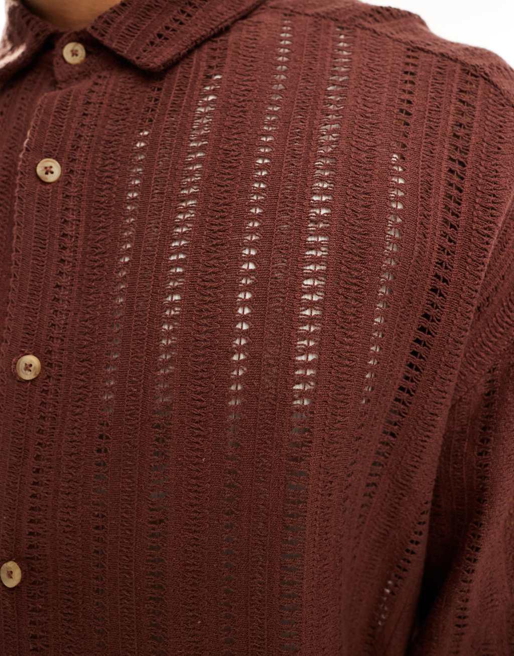 ASOS DESIGN 90s oversized revere shirt in crochet lace in brown Product Image