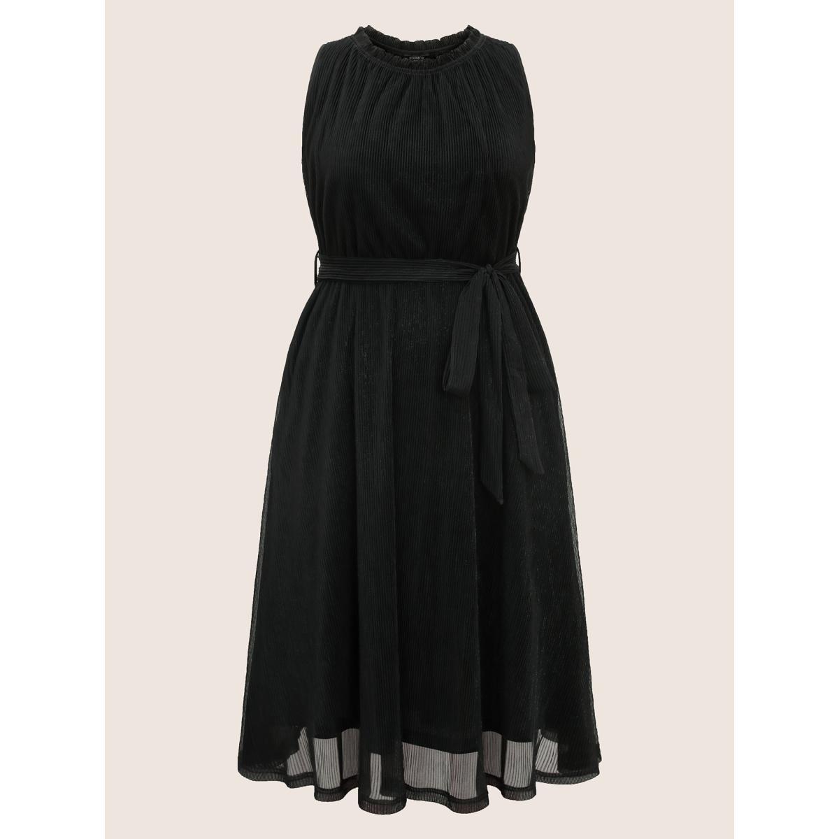 Plus Size Stand Collar Luxe Belted Tank Dress Black Women Formal Texture Stand-up collar Sleeveless Curvy BloomChic 22-24/3X Product Image