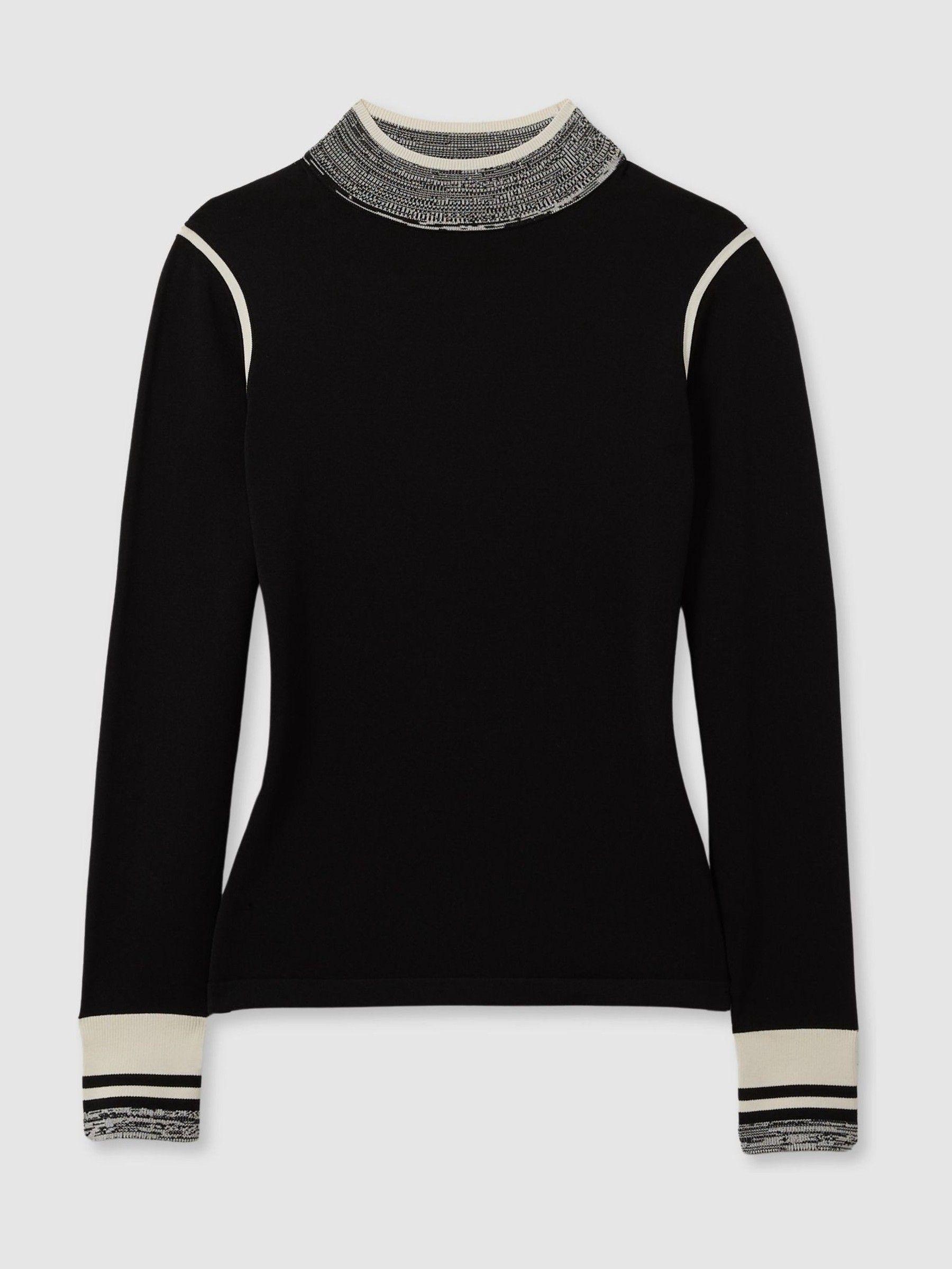 Knitted Contrast High Neck Jumper in Black/Cream Product Image