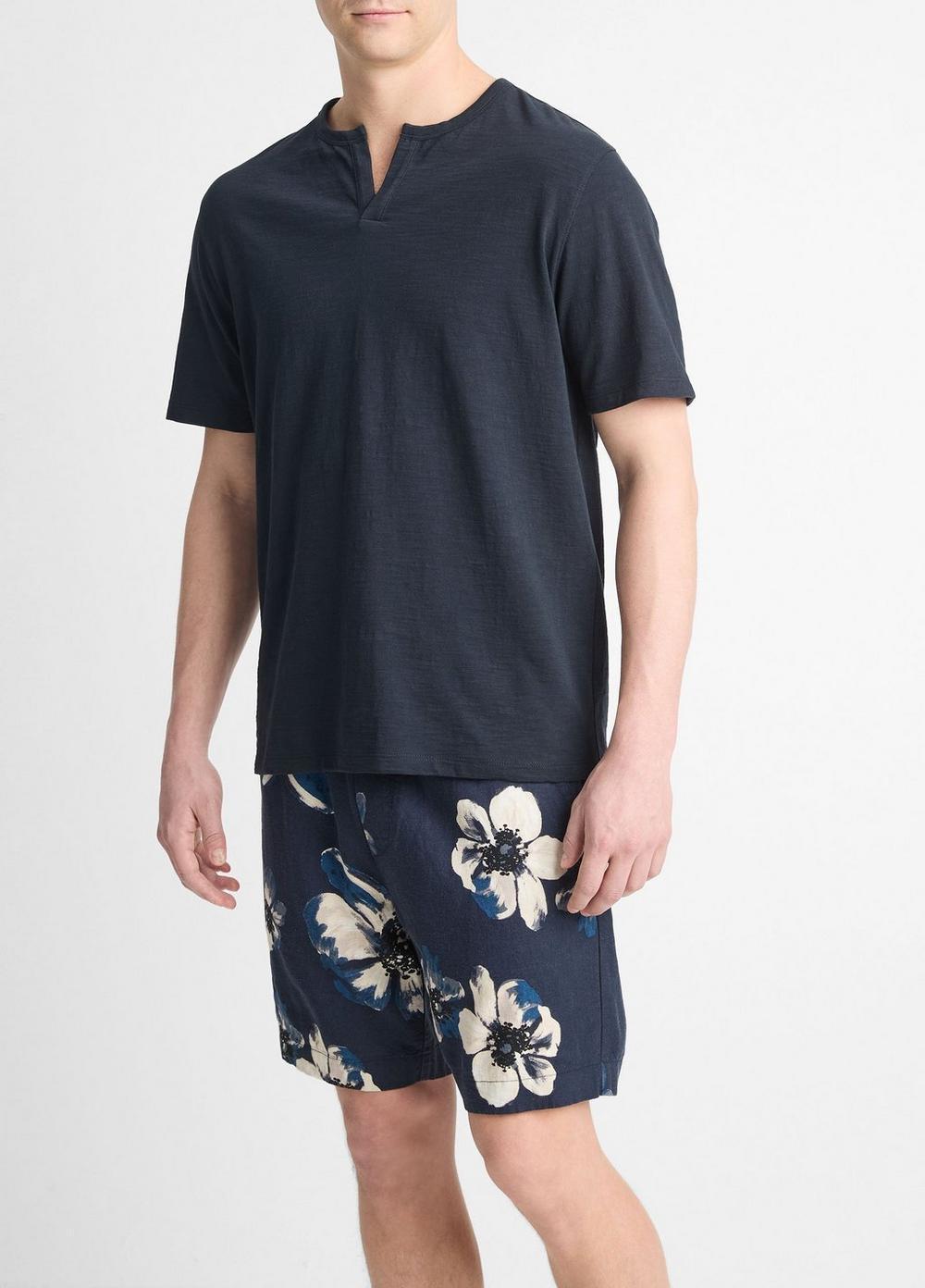Mens Slub Cotton Split-Neck T-Shirt, Midnight Sky, Size M Vince Product Image