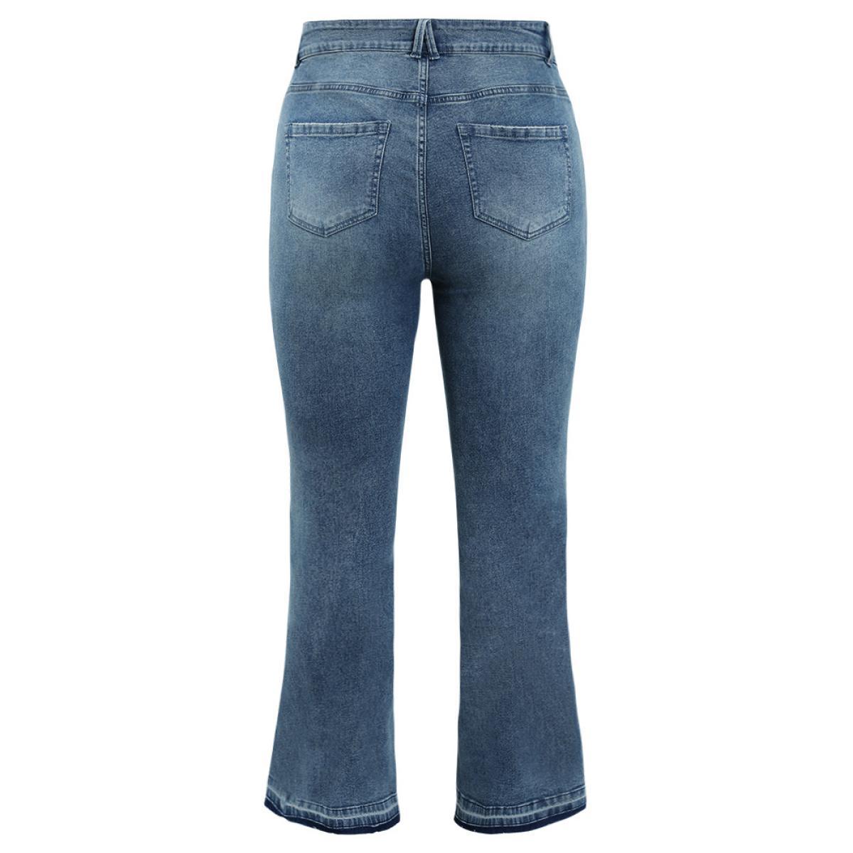 Plus Size Flare Leg Very Stretchy Medium Wash Contrast Hem Jeans Women LightBlue Casual Plain High stretch Pocket Jeans BloomChic 16/1X Product Image