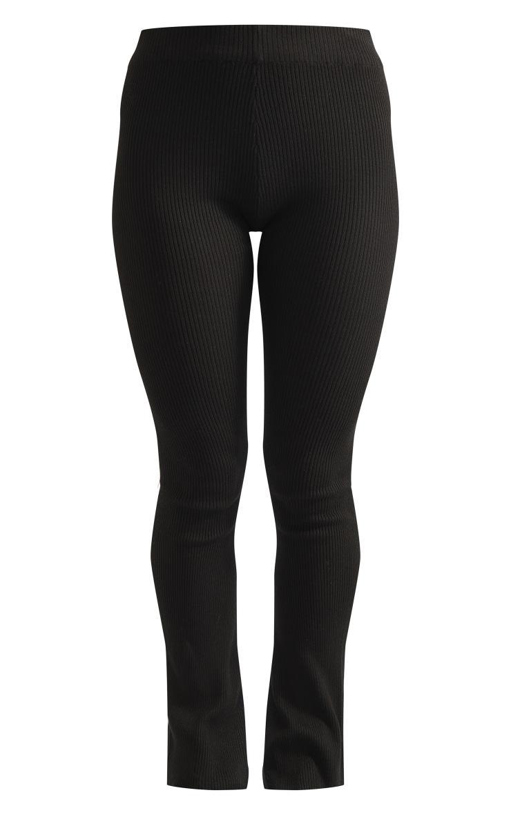 Black Basic Rib Knit Kick Flare Pants Product Image