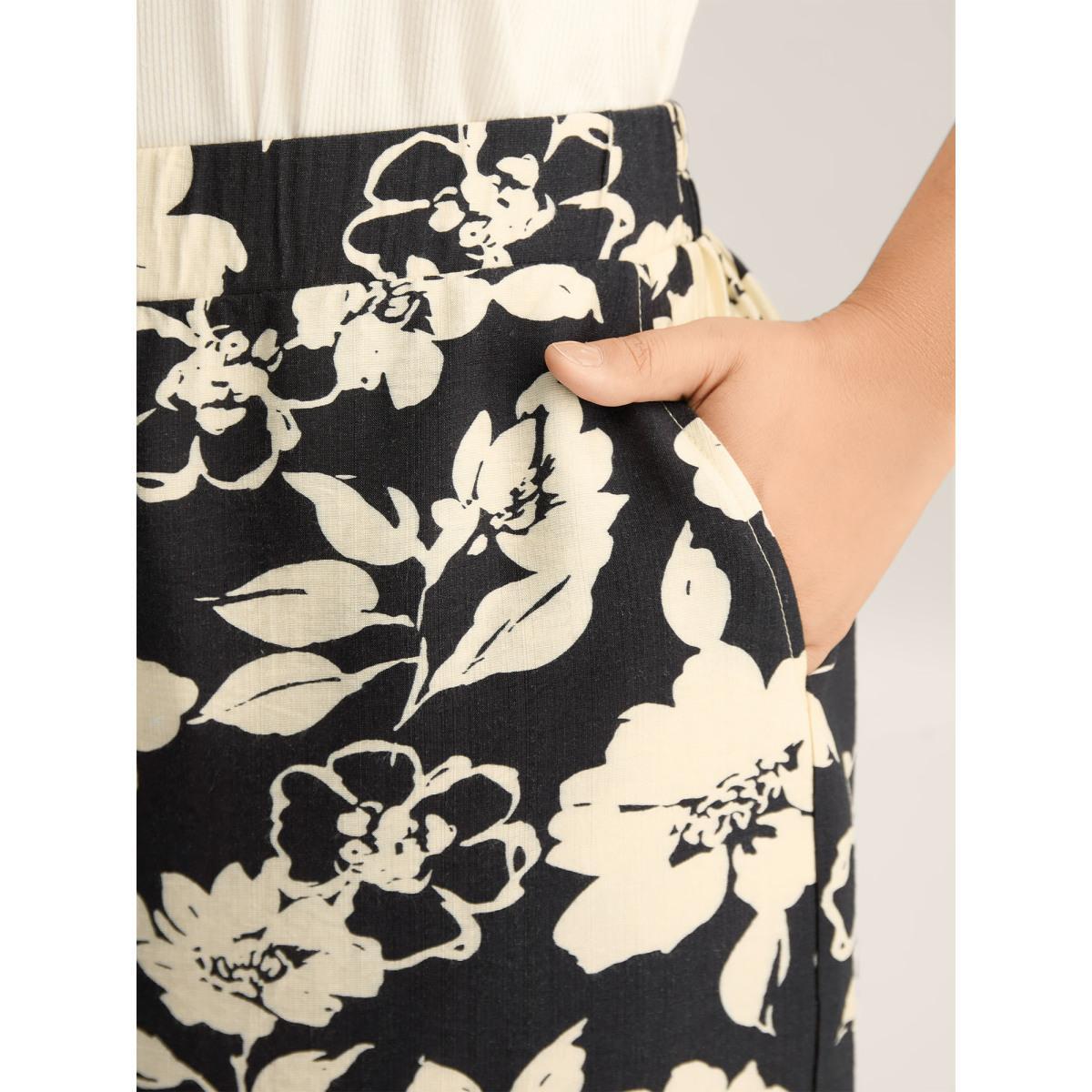 Plus Size Floral Print Pull-On Wide-Leg Pants Women BlackFlower Elegant Wide Leg Mid Rise Everyday-Elegant Pants BloomChic 14-16/1X Product Image