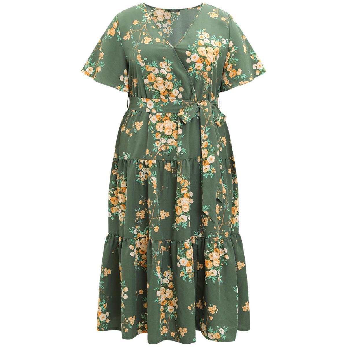 Plus Size Floral Print Wrap Belted Pocket Ruffle Hem Dress Green Women Elegant Lined V-neck Short sleeve Curvy Midi Dress BloomChic 18-20/2X Product Image