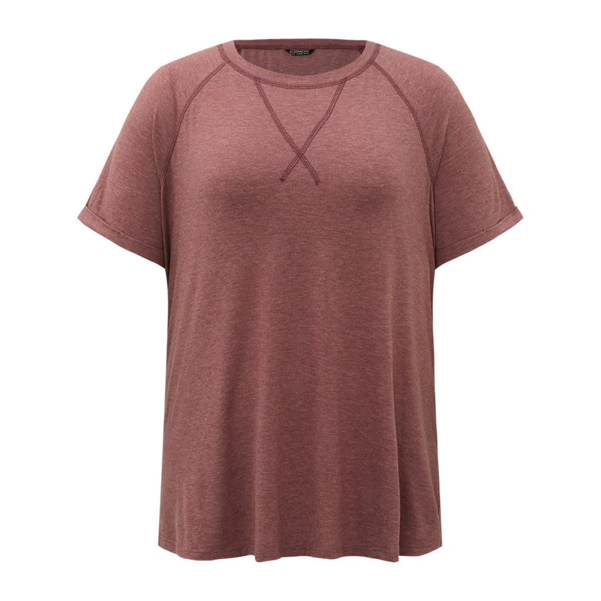 Plus Size Plain Crew Neck Stitch Roll Sleeve T-shirt Rust Women Casual Plain Plain Round Neck Dailywear T-shirts BloomChic 12/L Product Image