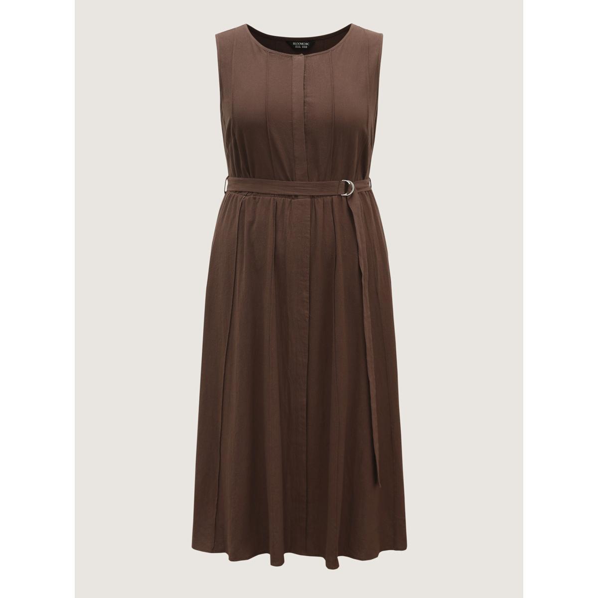 Plus Size Pure Cotton Adjustable Belt Placket Midi Dress Browncoffeecolor Women Tucked seam Round Neck Sleeveless Curvy BloomChic 28/5X Product Image