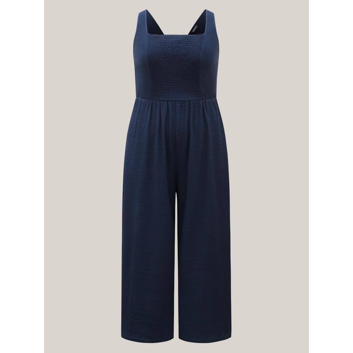 Plus Size Black Shirred Pockets Wide-Leg Plain Jumpsuit Women Sleeveless Non Vacation Loose Jumpsuits BloomChic 22-24/3X Product Image