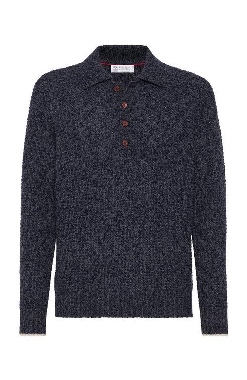 BRUNELLO CUCINELLI High Neck Zipped Knit Jumper In Navy Blue Product Image