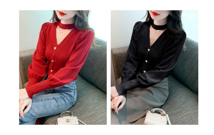 Long-Sleeve Halter Plain Cutout Heart Button Ribbed Knit Top Product Image