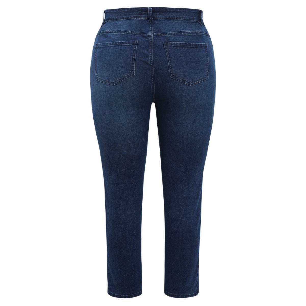 Plus Size Straight Very Stretchy High Rise Dark Wash Embroidered Trim Jeans Women DarkBlue Casual Plain Embroidered High stretch Jeans BloomChic 12/L Product Image