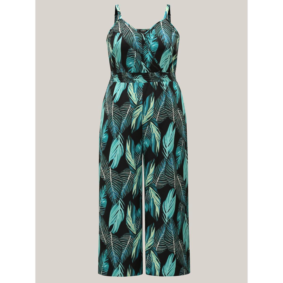 Plus Size Black Tropical Print Waist-Cinched Pockets Jumpsuit Women Resort Sleeveless Overlap Collar Vacation Loose Jumpsuits BloomChic 26/4X Product Image