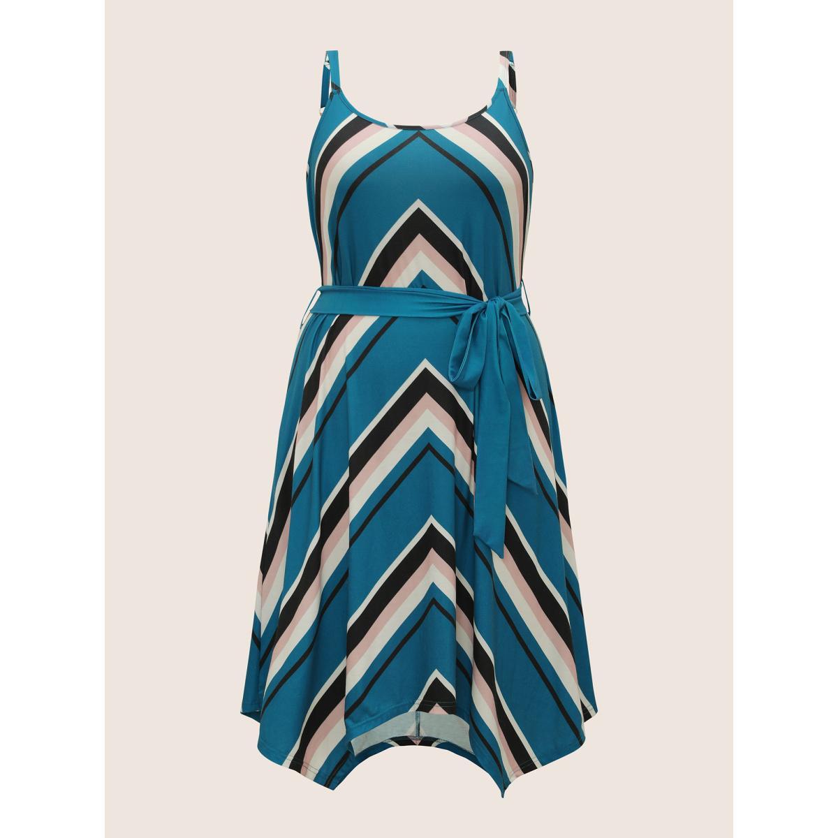 Plus Size Striped Geometric Belted Adjustable Straps Dress Cerulean Women Casual Non U-neck Sleeveless Curvy Midi Dress BloomChic 26/4X Product Image