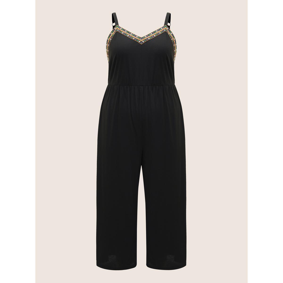 Plus Size Black V Neck Woven Ribbon Pocket Jumpsuit Women Resort Sleeveless V-neck Vacation Loose Jumpsuits BloomChic 28/5X Product Image