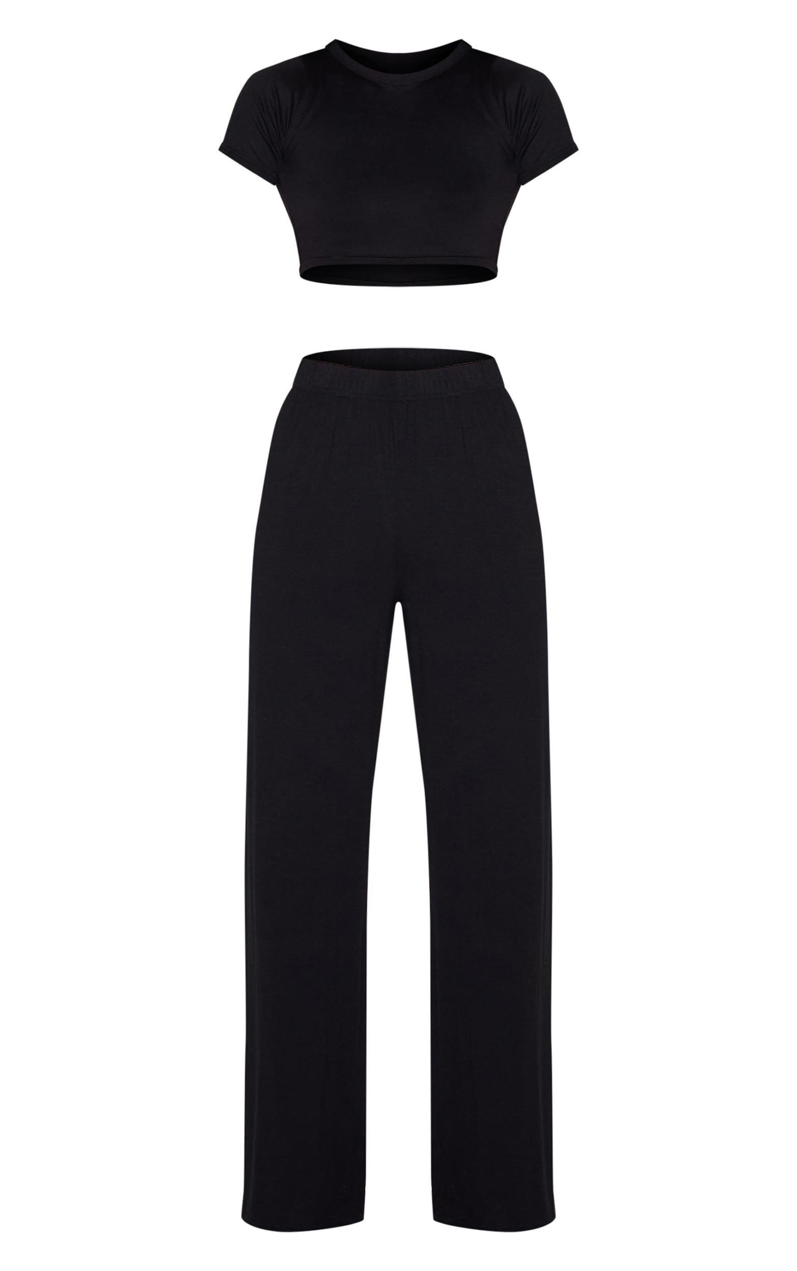 Black Cropped T-Shirt And Wide Leg  PJ Set Pants Product Image