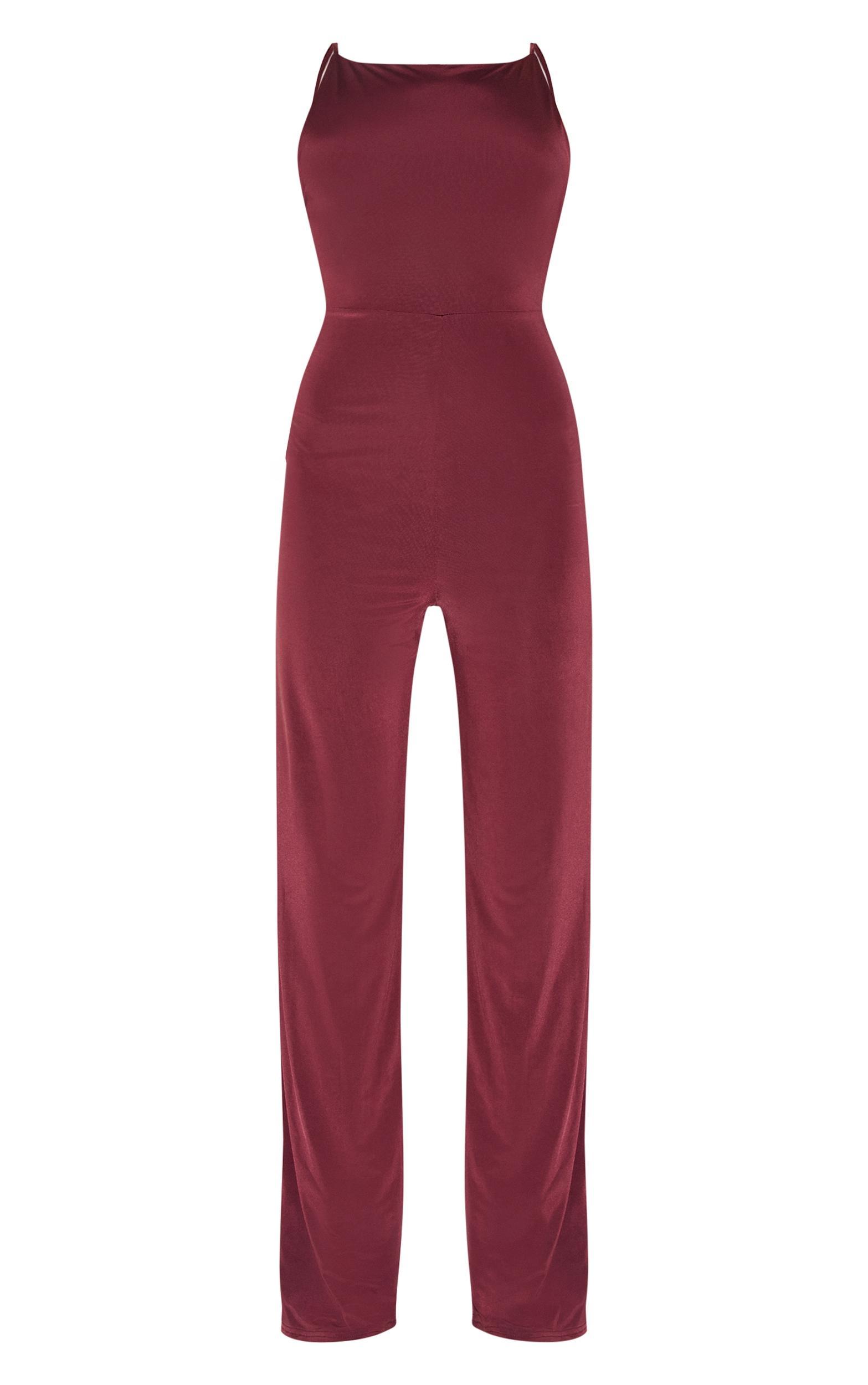 Wine Double Layer Slinky Low Back Strappy Wide Leg Jumpsuit Product Image