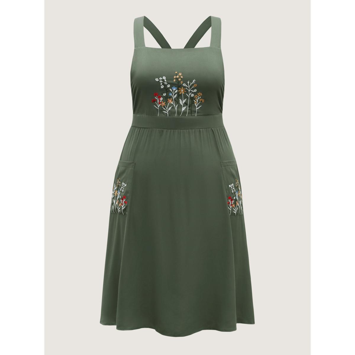 Plus Size Rayon Floral Embroidery Stretchy Waist Midi Dress ArmyGreen Women Non Sleeveless Curvy BloomChic 26/4X Product Image